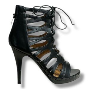 West Blvd Black Lace-Up Heeled Sandals Size 9 – Strappy Open Toe Stiletto Heels